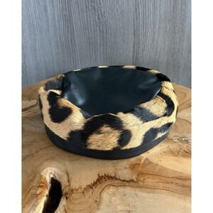 Saks Fifth Avenue Vintage Leopard Print Fur & Black Leather Pillbox Hat